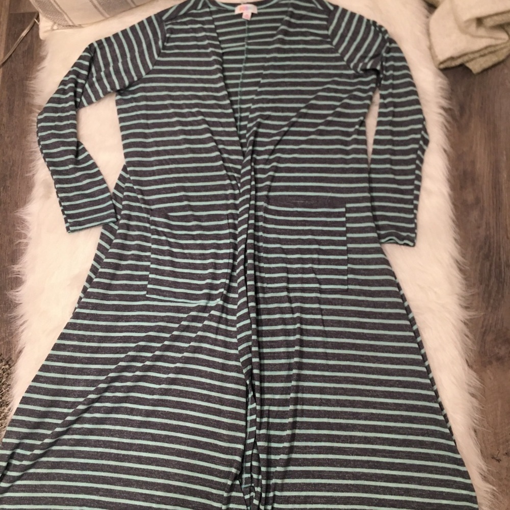 Lularoe Gray & Blue Striped Long Open Cardigan